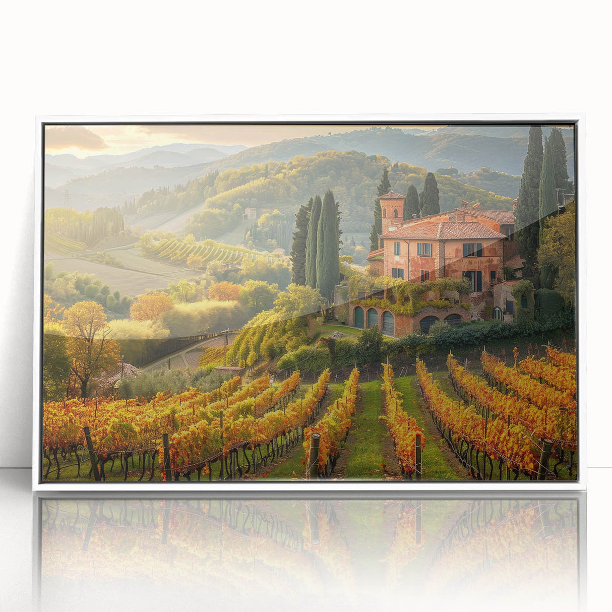 Framed acrylic wall art featuring a vibrant vineyard landscape design, showcasing lush green vines and rolling hills, perfect for enhancing home decor.
