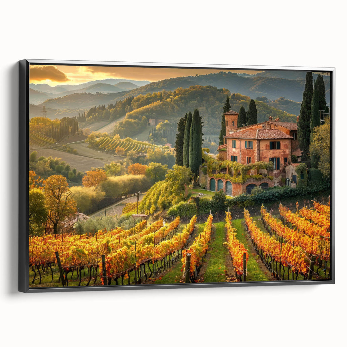 Framed canvas wall art showcasing a vineyard landscape design with rich green vines and rolling hills, set against a black frame for elegant home decor.