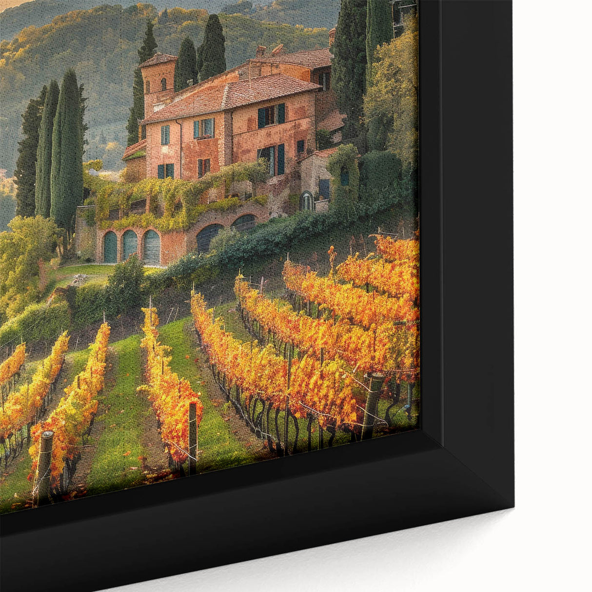 Close-up of a framed canvas artwork depicting a vibrant vineyard landscape, showcasing lush grapevines and rolling hills under a clear blue sky, perfect for home decor.