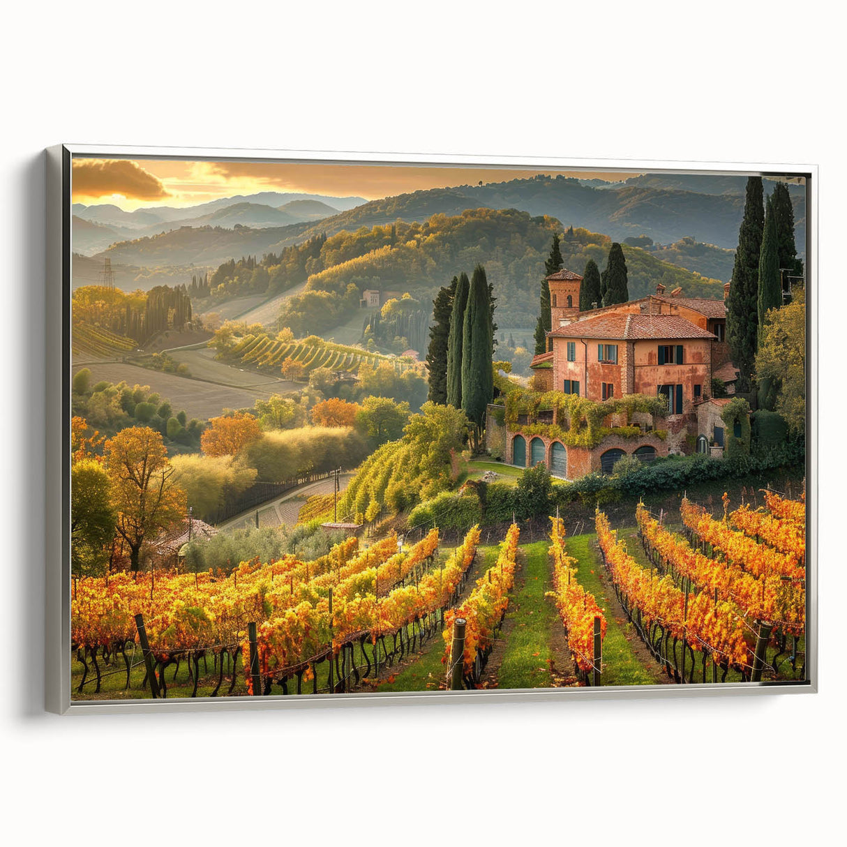 Framed canvas wall art showcasing a serene vineyard landscape with rich green vines and a soft silver frame, perfect for enhancing home decor and creating a tranquil atmosphere.