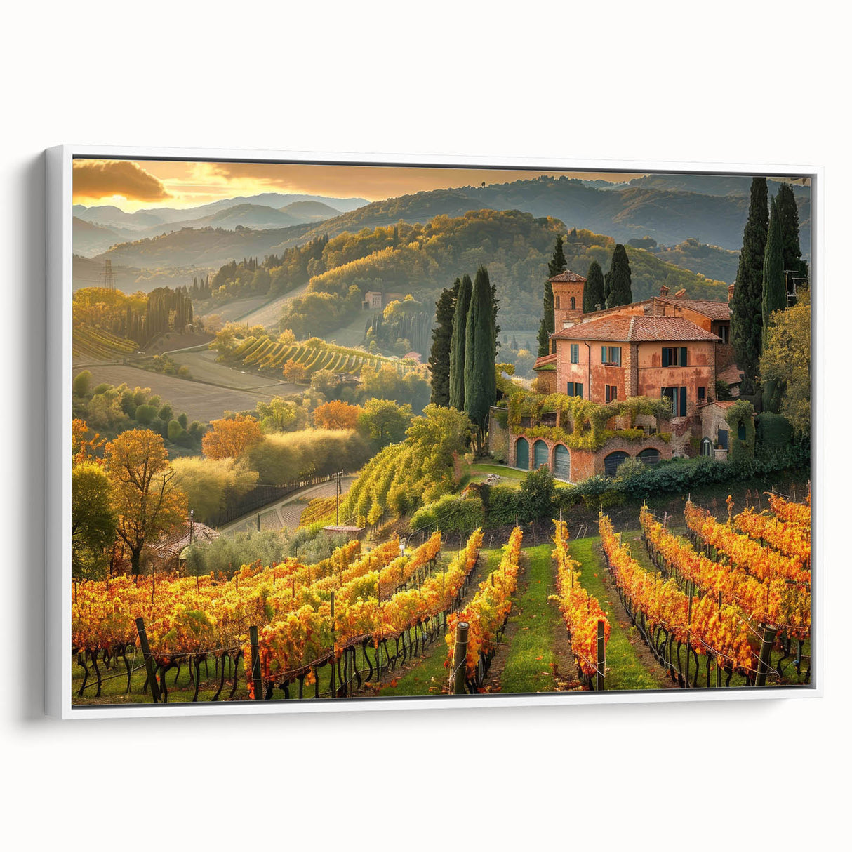 Framed canvas wall art of a picturesque vineyard landscape, showcasing lush green vines under a clear blue sky, perfect for enhancing home decor.