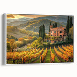 Framed canvas wall art of a picturesque vineyard landscape, showcasing lush green vines under a clear blue sky, perfect for enhancing home decor.
