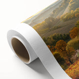 Vibrant vineyard landscape wall art on rolled canvas, showcasing lush green vines and rolling hills under a bright blue sky, perfect for enhancing home decor.