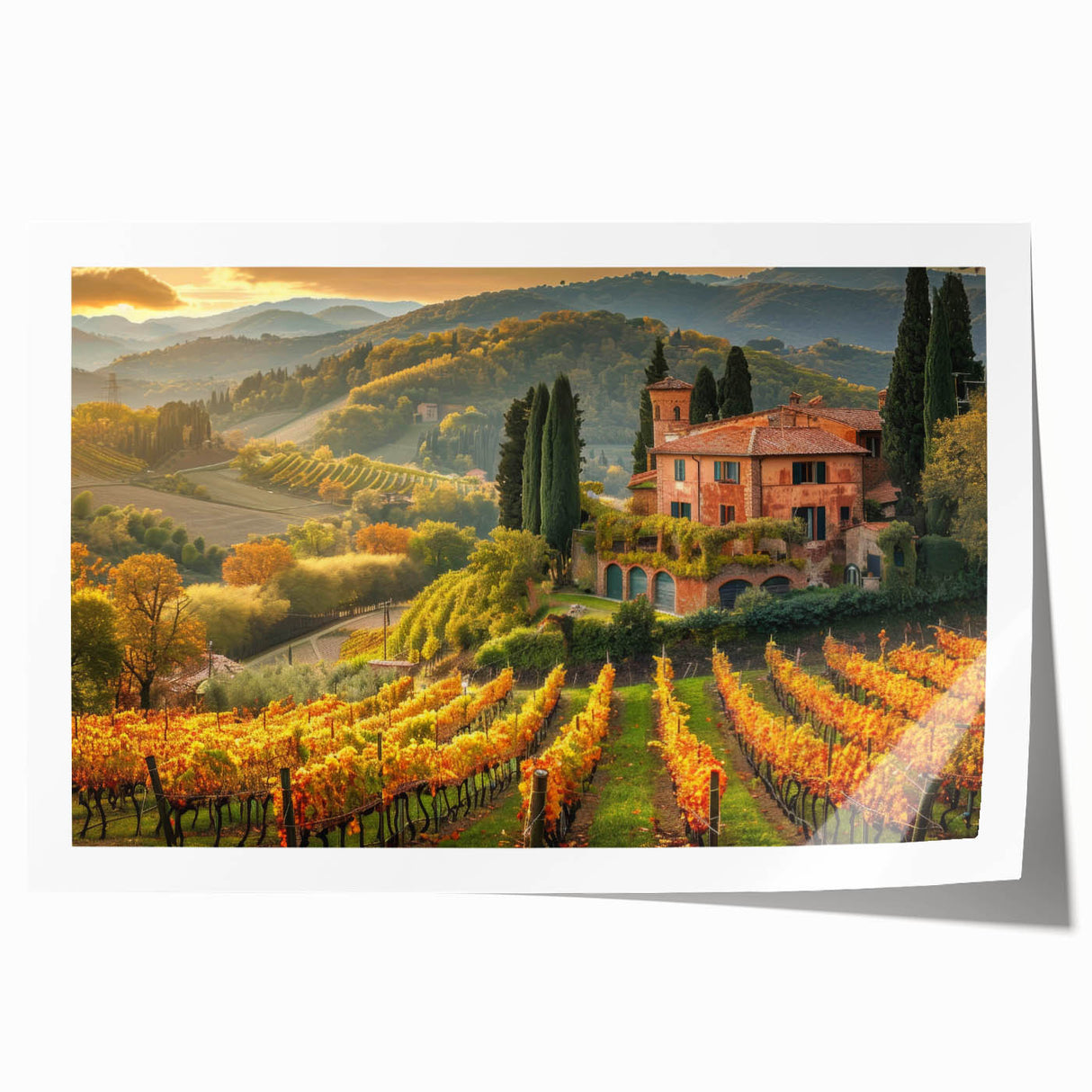 Vibrant vineyard landscape wall art print showcasing rolling hills, lush grapevines, and a serene sky, perfect for enhancing home or office decor.