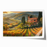Vibrant vineyard landscape wall art print showcasing rolling hills, lush grapevines, and a serene sky, perfect for enhancing home or office decor.