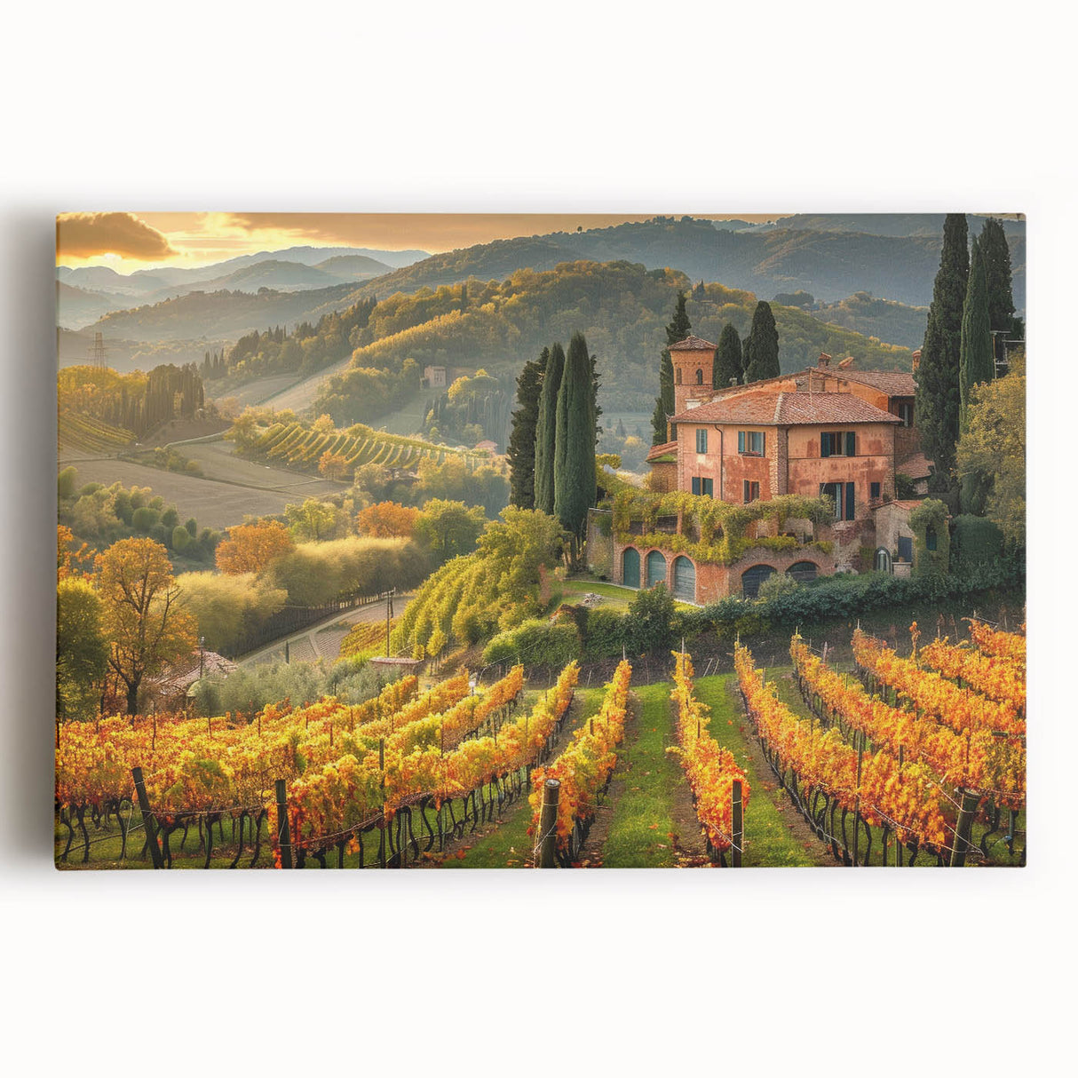 Stretched canvas wall art showcasing a vibrant vineyard landscape design, featuring lush green vines and rolling hills, perfect for enhancing home décor.