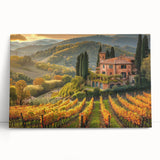 Vibrant stretched canvas wall art depicting a scenic vineyard landscape, featuring rolling hills and lush grapevines, perfect for enhancing home decor.