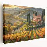 Stretched canvas wall art featuring a serene vineyard landscape design, showcasing lush green grapevines and rolling hills, ideal for home décor and wine enthusiasts.