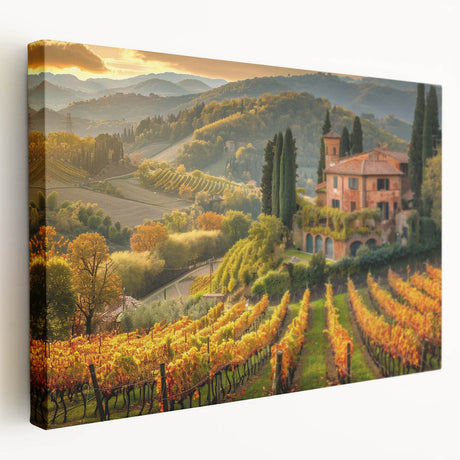 Stretched canvas wall art featuring a serene vineyard landscape design, showcasing lush green grapevines and rolling hills, ideal for home décor and wine enthusiasts.