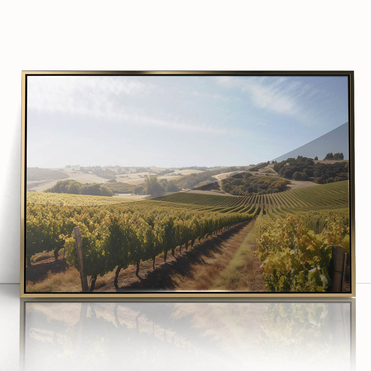 Framed acrylic wall art featuring a vibrant vineyard landscape design with golden accents, perfect for adding elegance to home decor or office spaces.
