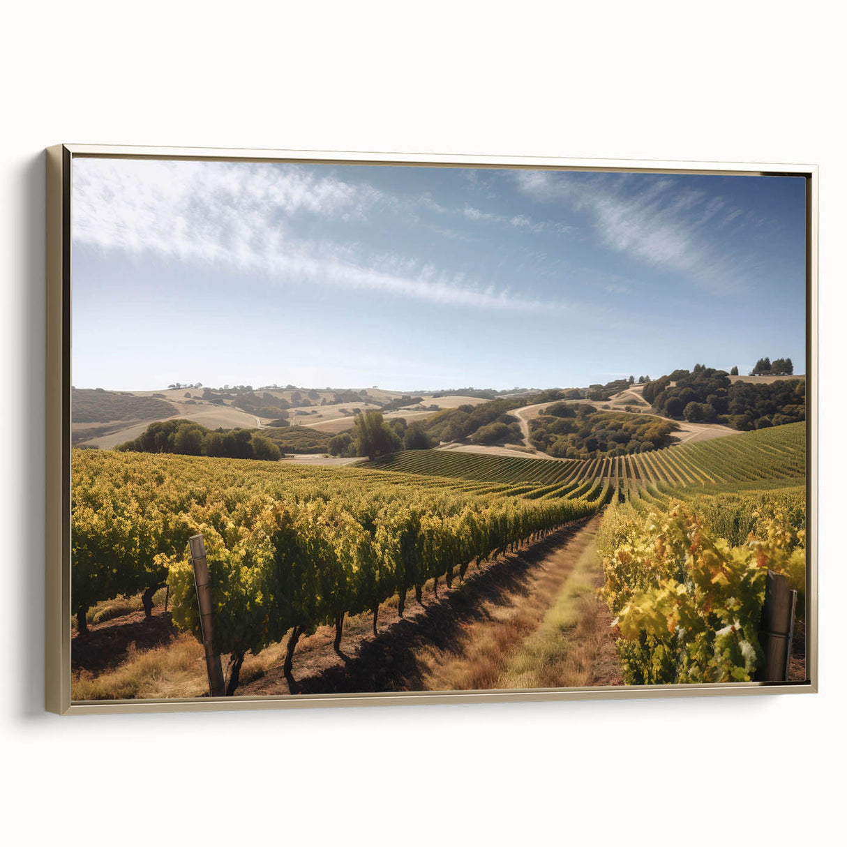Framed canvas artwork showcasing a picturesque vineyard landscape design with rich green vines and golden accents, ideal for enhancing home decor and creating a serene ambiance.