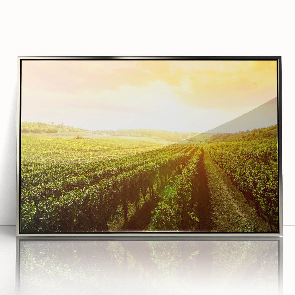 Framed acrylic wall art showcasing a stunning vineyard landscape design with silver accents, perfect for elegant home decor. Ideal for wine enthusiasts and nature lovers.