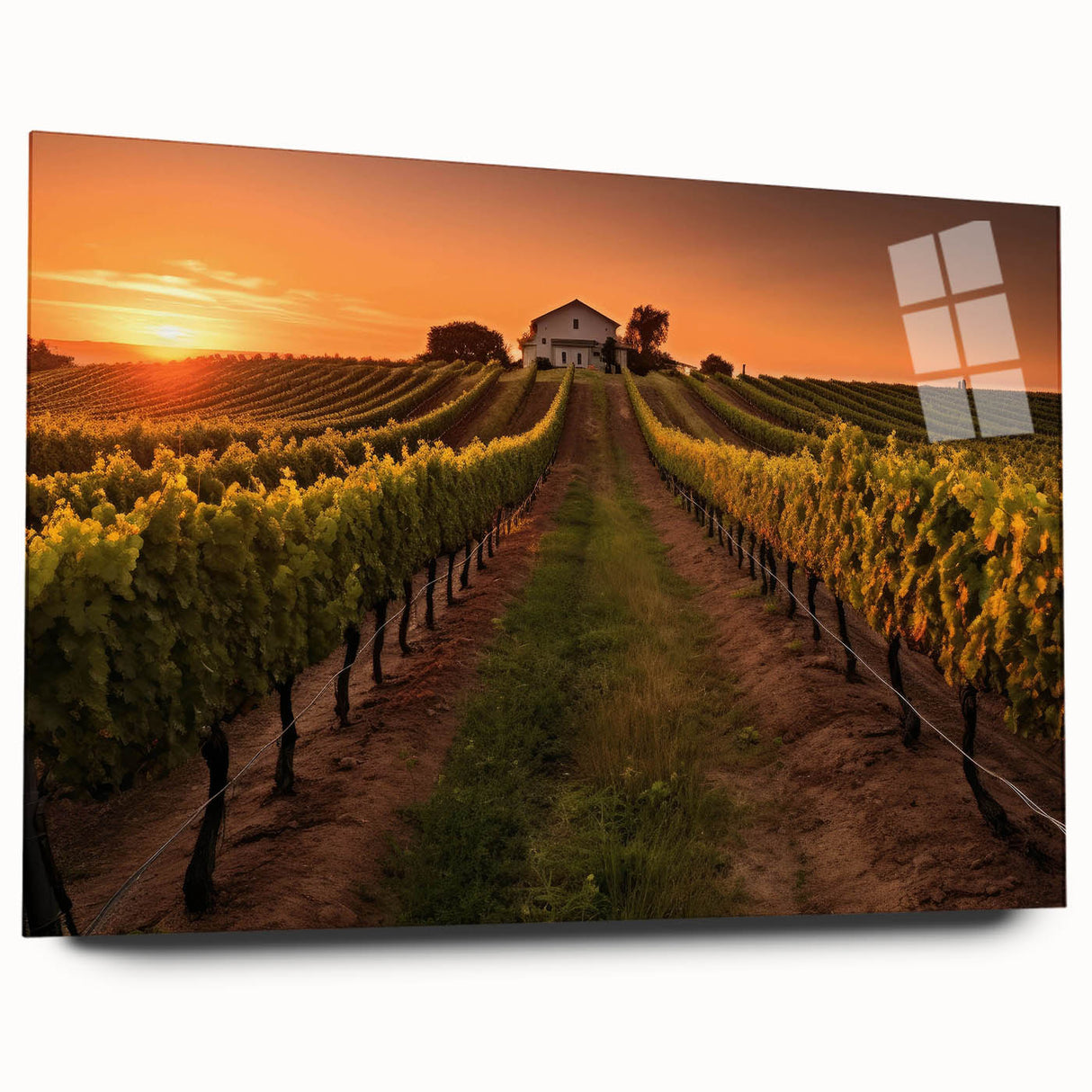 Acrylic wall art collection showcasing a vibrant vineyard landscape design, presented in a sleek side view. The piece features rich green vines and a serene sky, perfect for enhancing any interior decor.