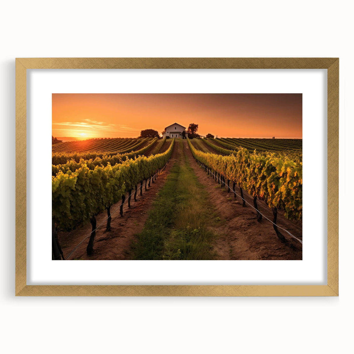 Elegant wall art featuring a vineyard landscape design in a gold frame with matting, showcasing vibrant colors and intricate details, perfect for home decor.