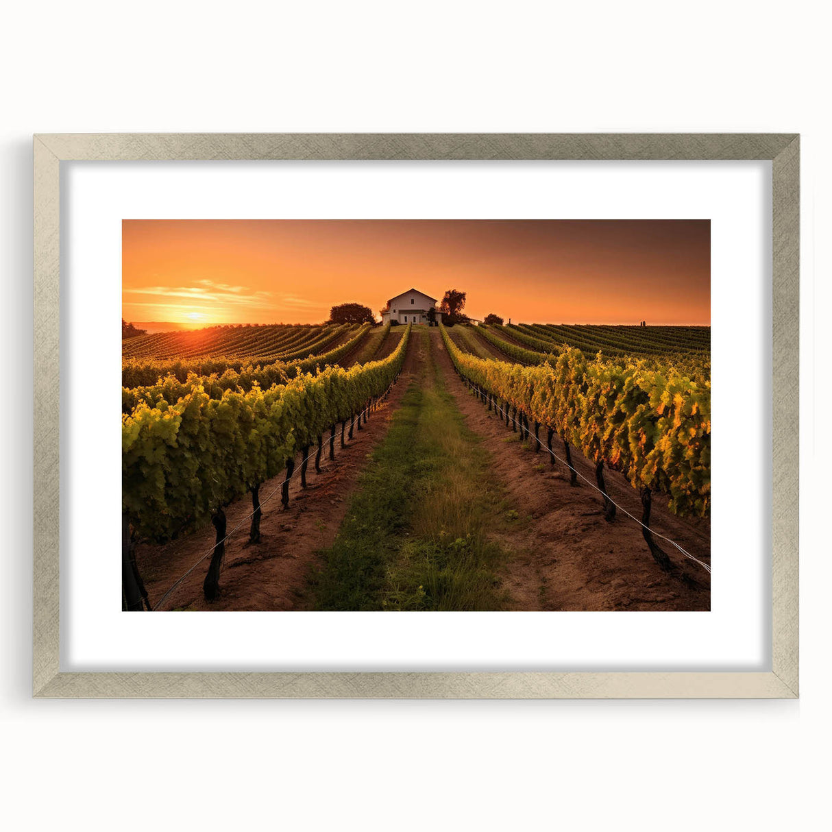 Framed wall art collection showcasing a serene vineyard landscape design in silver matting, ideal for enhancing home decor with a touch of elegance.