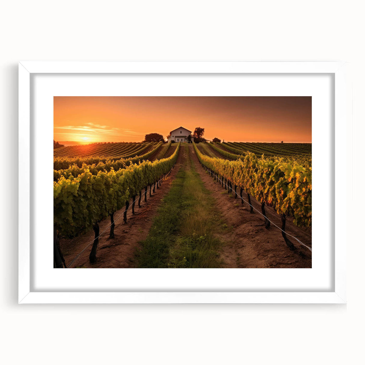 Framed wall art collection showcasing a picturesque vineyard landscape, featuring vibrant greens and rich earth tones, with a white mat and sleek frame for elegant display.