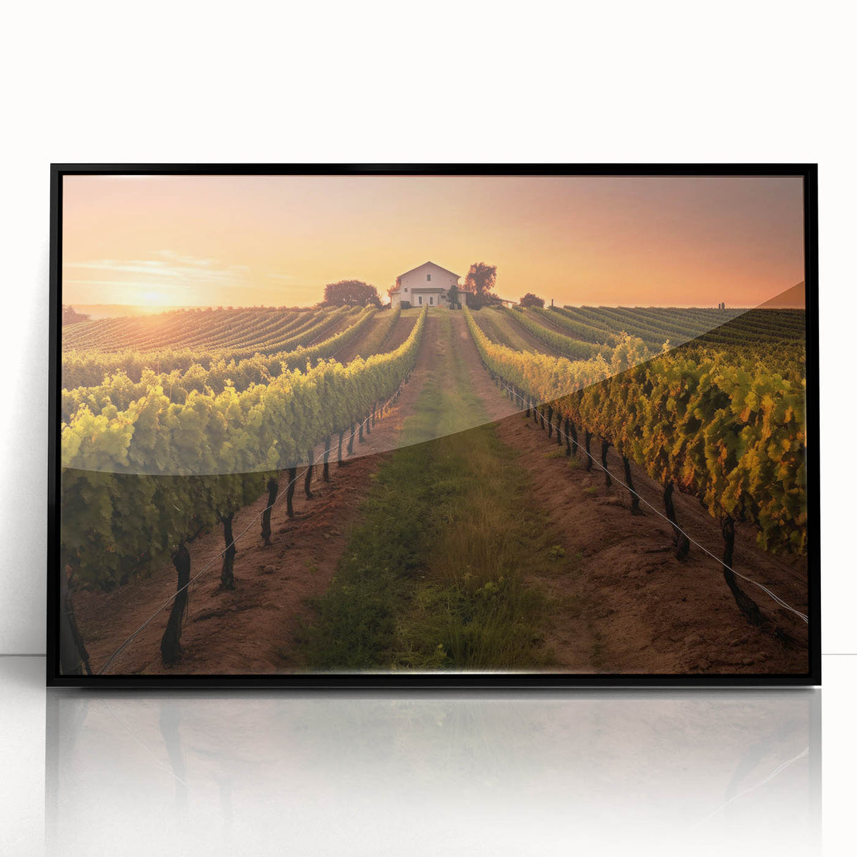 Framed acrylic wall art featuring a vibrant vineyard landscape design, showcasing lush green vines and rolling hills, mounted in a sleek black frame, ideal for home decor.