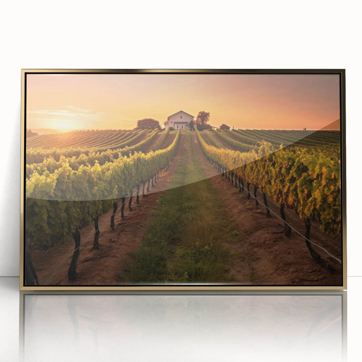Framed acrylic wall art featuring a picturesque vineyard landscape with golden tones, ideal for enhancing home decor and creating a serene atmosphere.