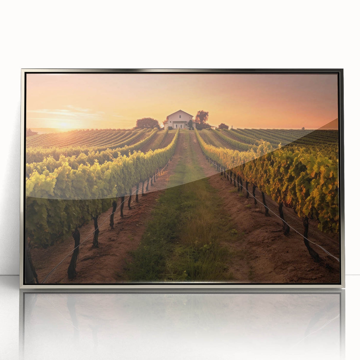 Framed acrylic wall art showcasing a vibrant vineyard landscape design, featuring rich green vines and a serene sky, perfect for home decor enthusiasts.
