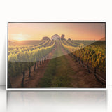 Framed acrylic wall art featuring a vibrant vineyard landscape design, showcasing rich green vines and a serene blue sky, perfect for enhancing home decor.