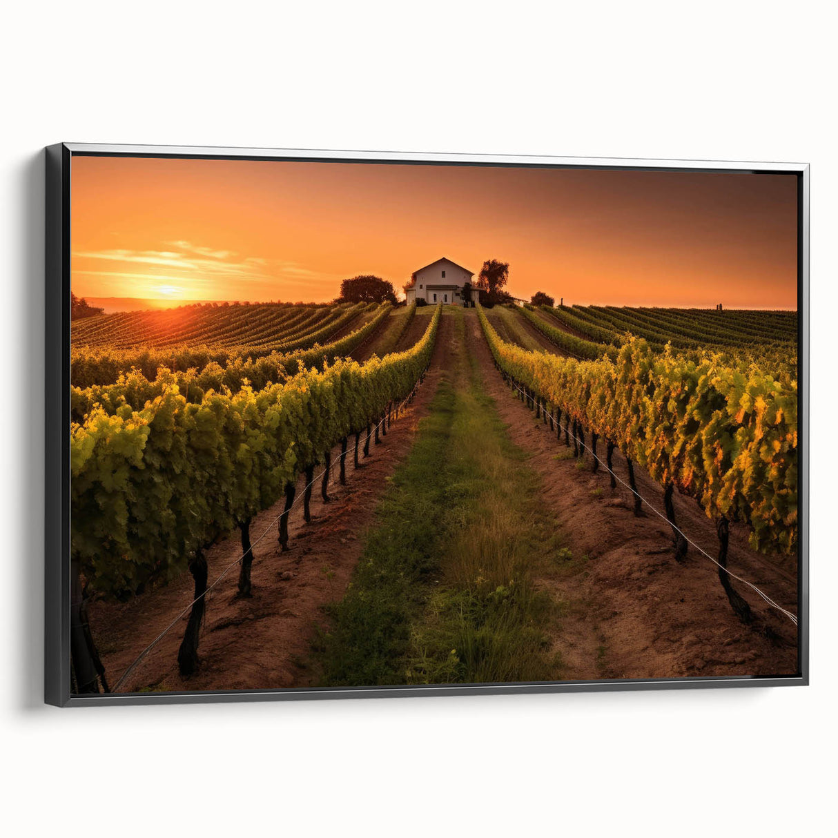 Framed canvas wall art depicting a picturesque vineyard landscape, showcasing lush green grapevines, rolling hills, and a serene sky in vibrant colors.