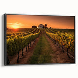 Framed canvas wall art depicting a picturesque vineyard landscape, showcasing lush green grapevines, rolling hills, and a serene sky in vibrant colors.