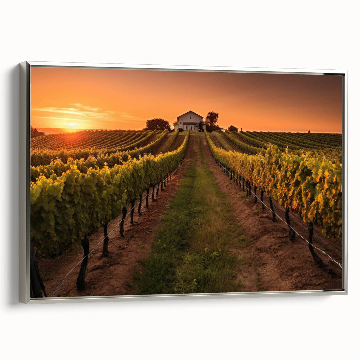 Framed canvas wall art showcasing a stunning vineyard landscape design, featuring vibrant green vines and silver framing, perfect for enhancing modern home decor.