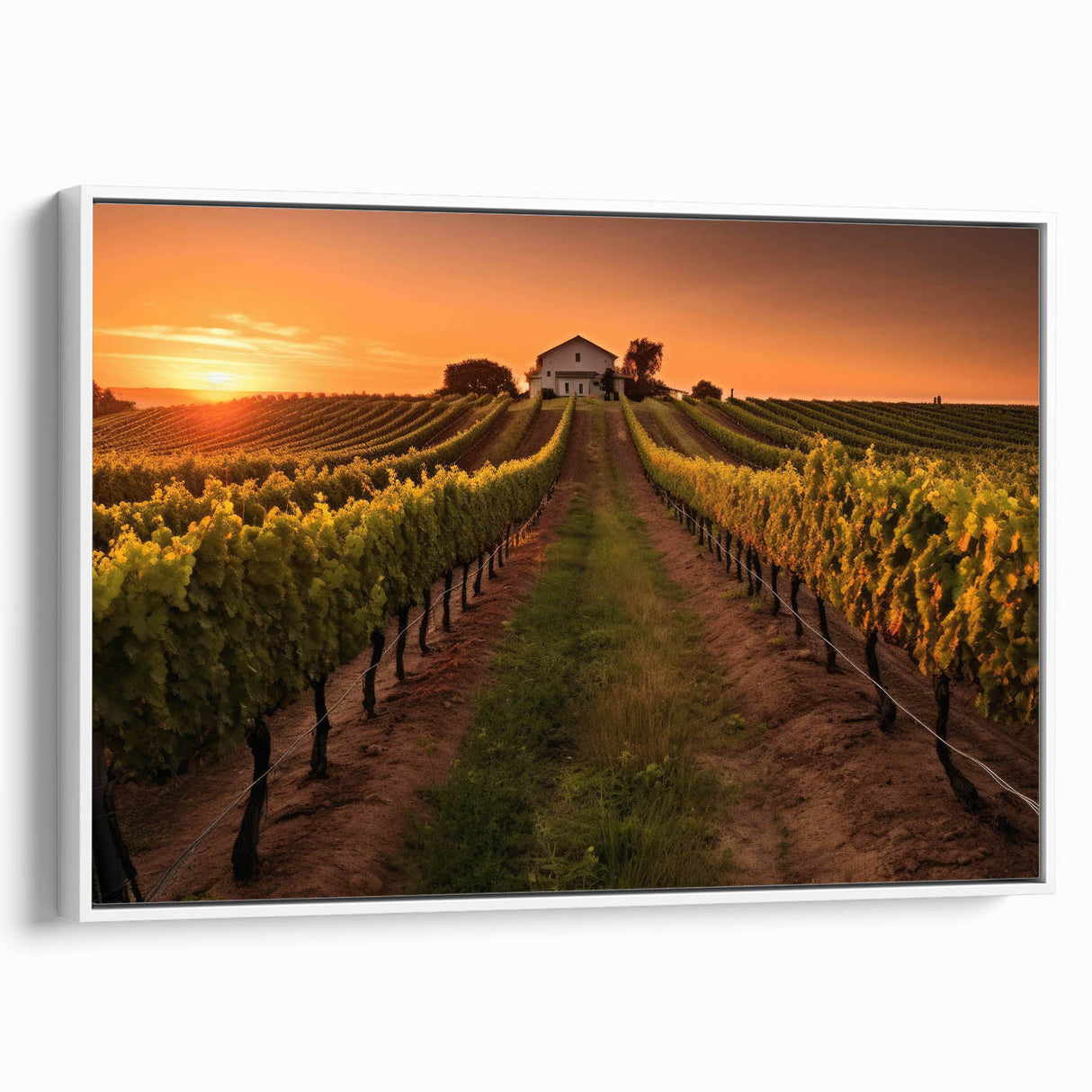 Framed canvas artwork showcasing a serene vineyard landscape, featuring lush green vines and rolling hills, perfect for enhancing home decor in a wine-themed setting.