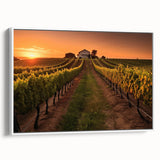 Framed canvas artwork showcasing a serene vineyard landscape, featuring lush green vines and rolling hills, perfect for enhancing home decor in a wine-themed setting.