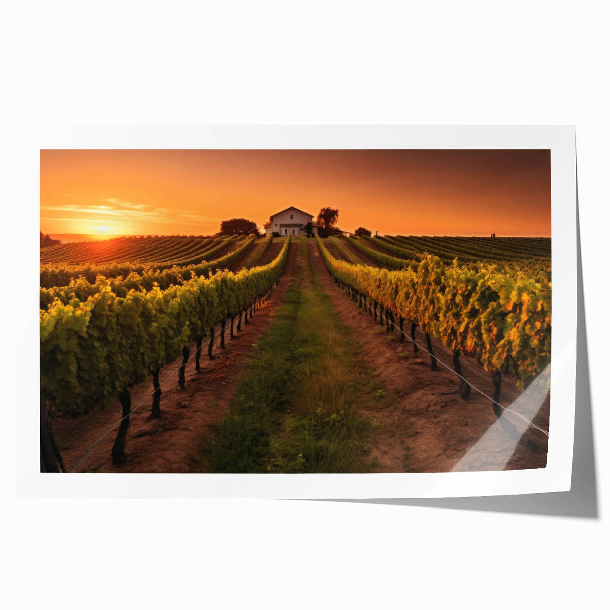 Vibrant vineyard landscape wall art print showcasing lush green grapevines and rolling hills under a clear blue sky, perfect for home decor and wine enthusiasts.