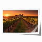 Vibrant vineyard landscape wall art print showcasing lush green grapevines and rolling hills under a clear blue sky, perfect for home decor and wine enthusiasts.