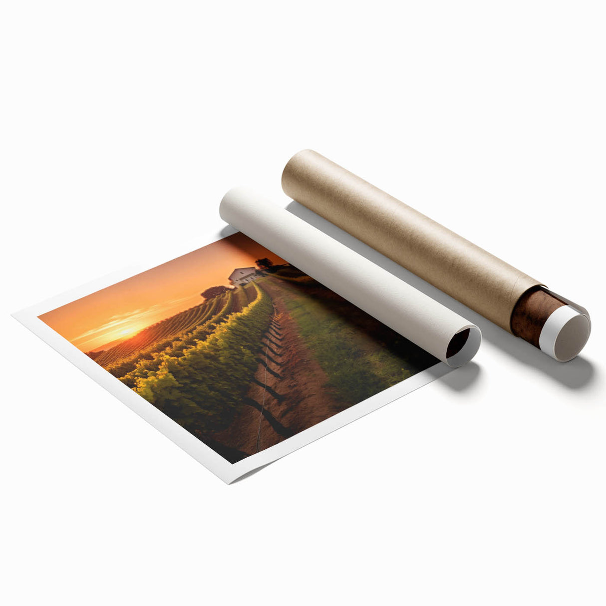 Vibrant vineyard landscape wall art print showcasing lush green grapevines and rolling hills, designed for home decor, rolled and ready for framing.