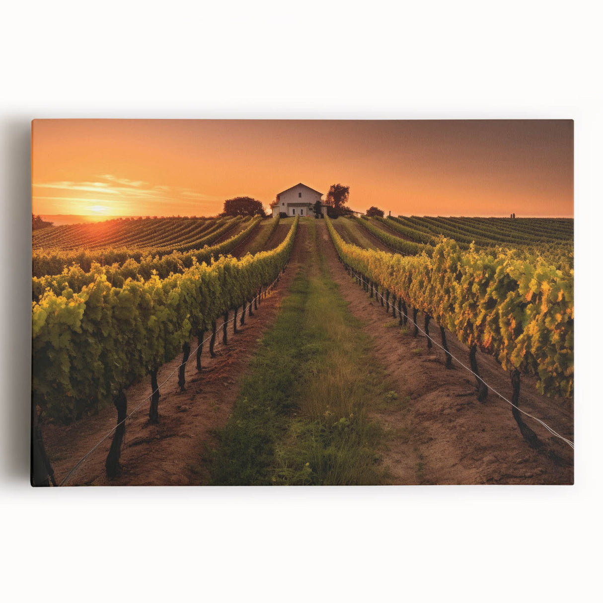 Vibrant stretched canvas wall art depicting a scenic vineyard landscape, showcasing rolling hills, lush grapevines, and a serene sky, perfect for home decor.
