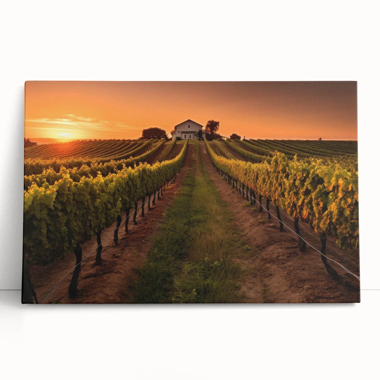 Stretched canvas wall art showcasing a picturesque vineyard landscape design, featuring vibrant green vines under a clear blue sky, enhancing home decor aesthetics.