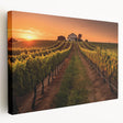Vibrant stretched canvas artwork depicting a serene vineyard landscape, showcasing lush green grapevines and rolling hills under a bright blue sky, perfect for home decor.