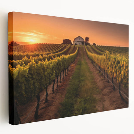 Vibrant stretched canvas artwork depicting a serene vineyard landscape, showcasing lush green grapevines and rolling hills under a bright blue sky, perfect for home decor.