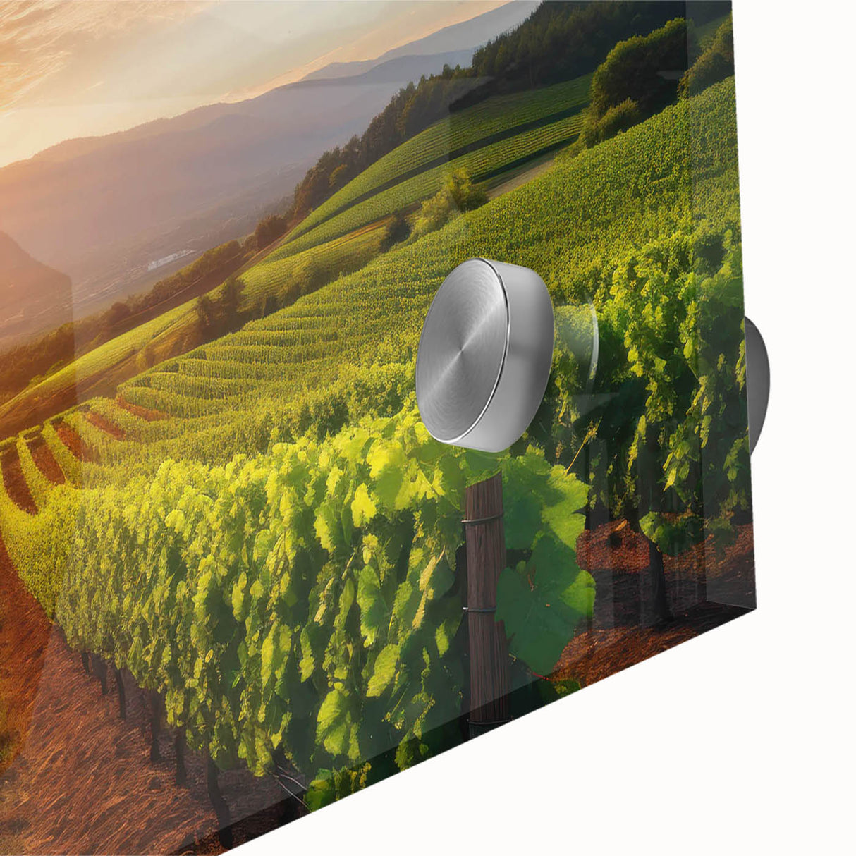 Close-up view of a colorful vineyard landscape wall art piece, showcasing vibrant grapevines and rolling hills, perfect for home decor enthusiasts.