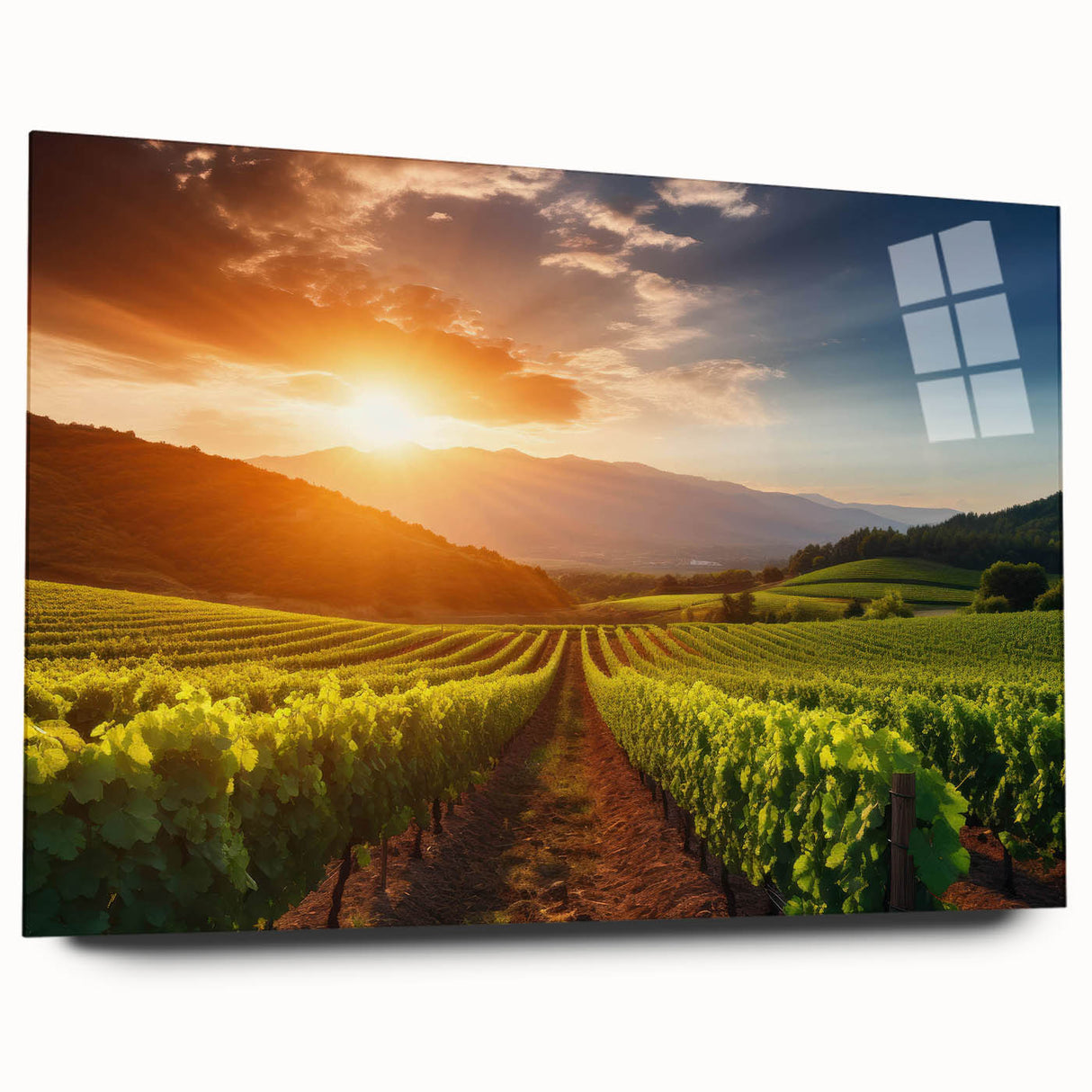 Elegant side view of a vineyard landscape wall art collection, showcasing vibrant colors and intricate details printed on acrylic glass, perfect for enhancing home decor.
