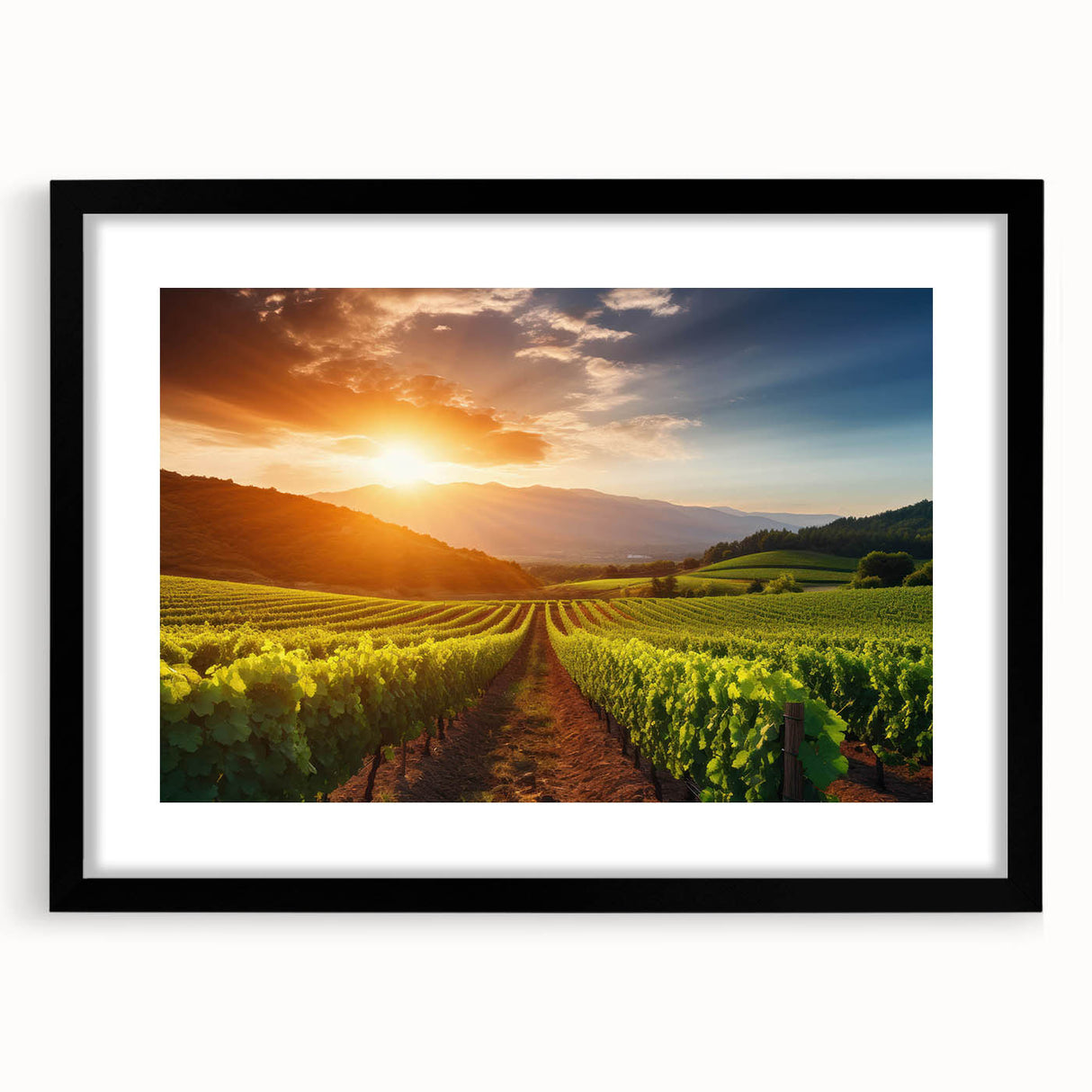 Framed wall art showcasing a serene vineyard landscape design with a black mat and frame, ideal for enhancing home decor and creating a calming atmosphere.
