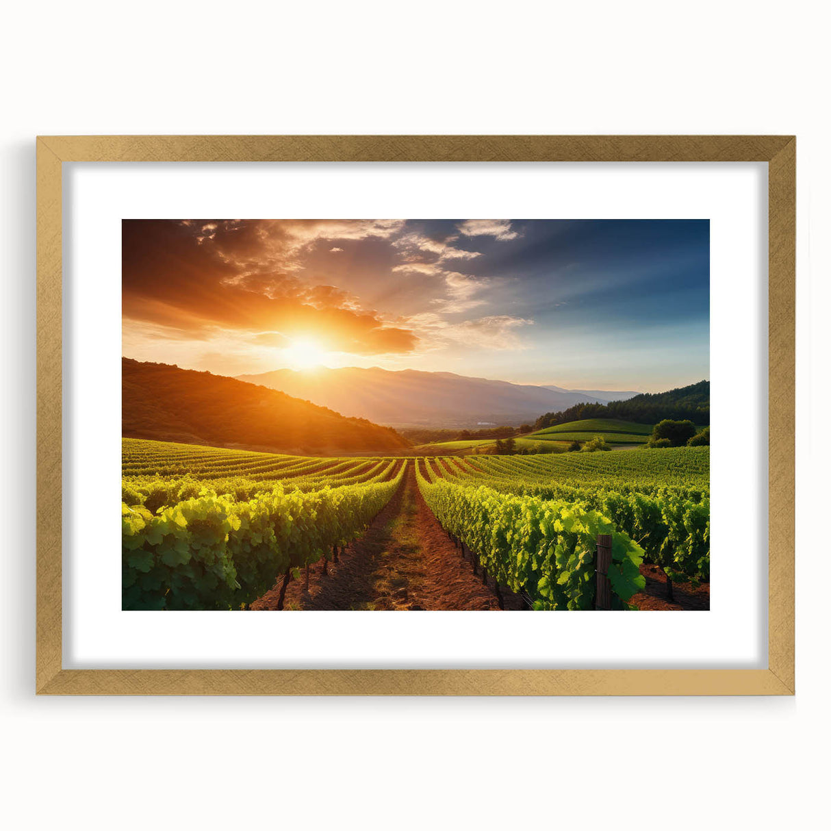 Framed wall art collection showcasing a picturesque vineyard landscape design with a gold mat, perfect for enhancing home decor in elegant settings.
