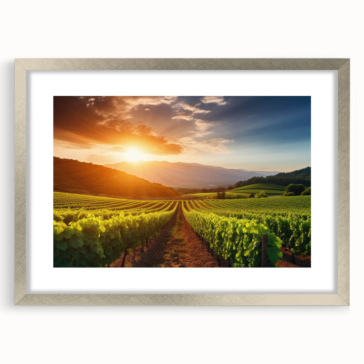 Elegant wall art collection showcasing a vineyard landscape design, framed in silver with a white mat, perfect for enhancing home decor and creating a serene atmosphere.