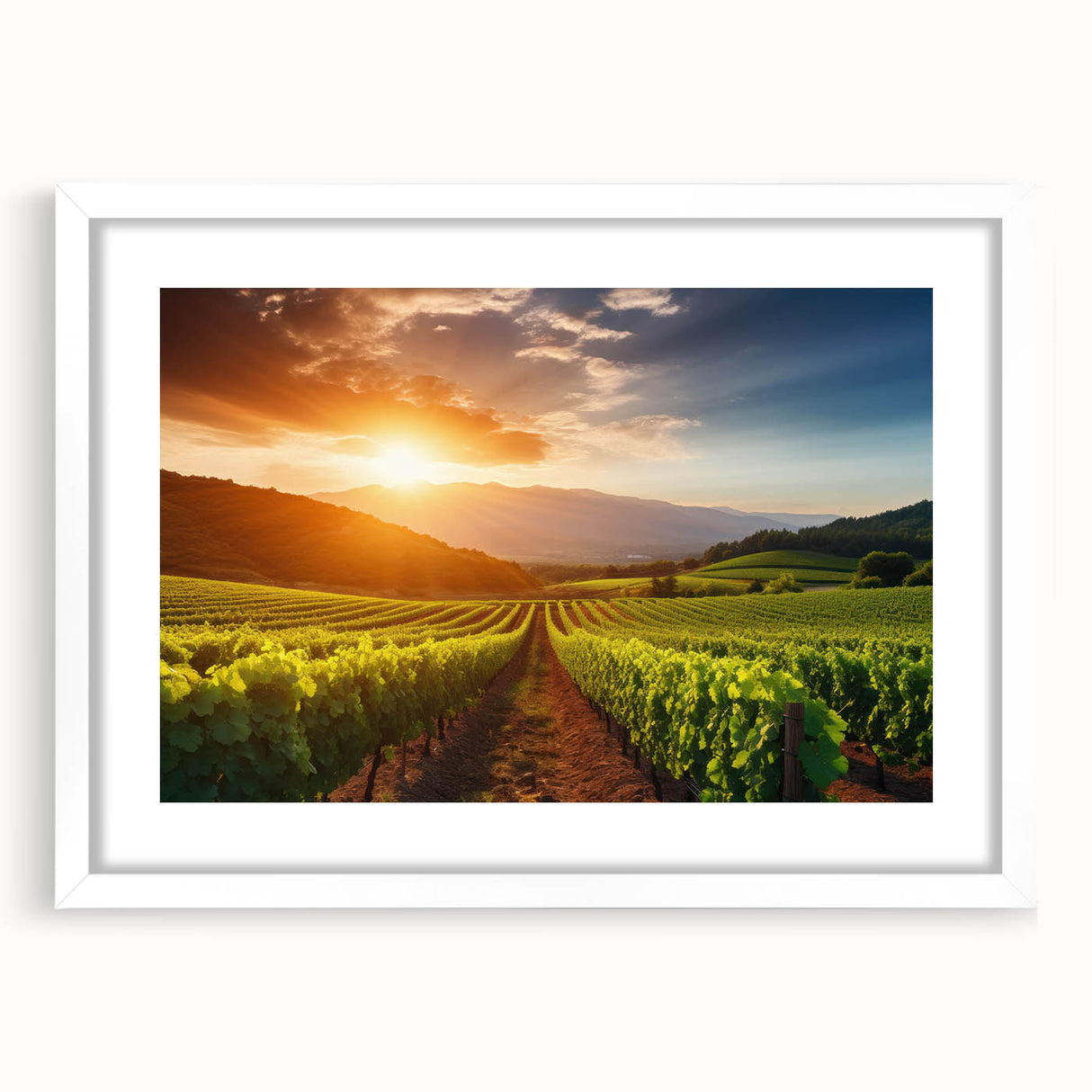 Framed wall art featuring a vibrant vineyard landscape design, showcasing lush green grapevines under a bright blue sky, perfect for home decor enhancement.