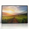 Framed wall art featuring a vibrant vineyard landscape design, showcasing rich green vineyards and a serene blue sky, ideal for enhancing home decor with natural beauty.