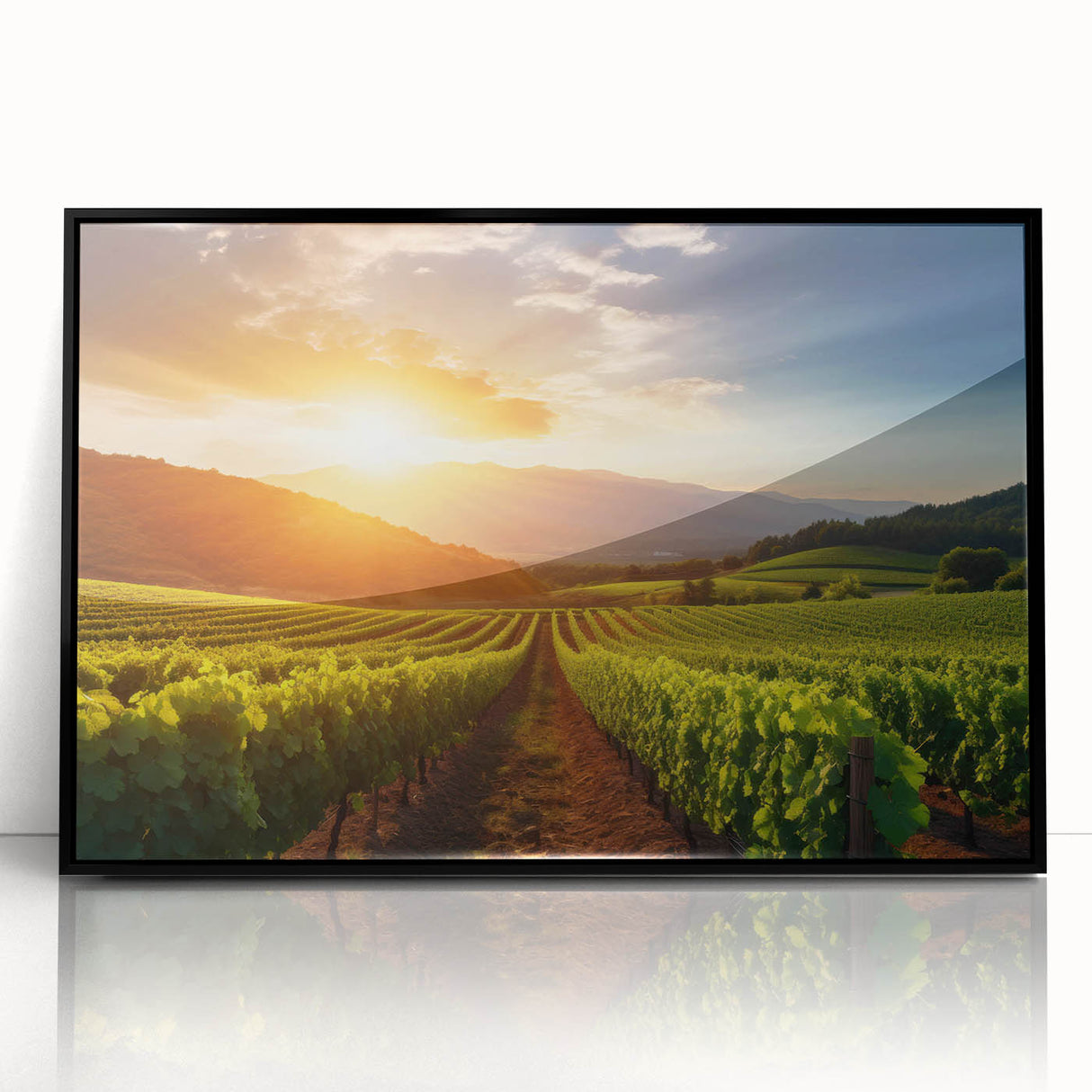 Framed wall art featuring a vibrant vineyard landscape design, showcasing rich green vineyards and a serene blue sky, ideal for enhancing home decor with natural beauty.