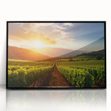Framed wall art featuring a vibrant vineyard landscape design, showcasing rich green vineyards and a serene blue sky, ideal for enhancing home decor with natural beauty.