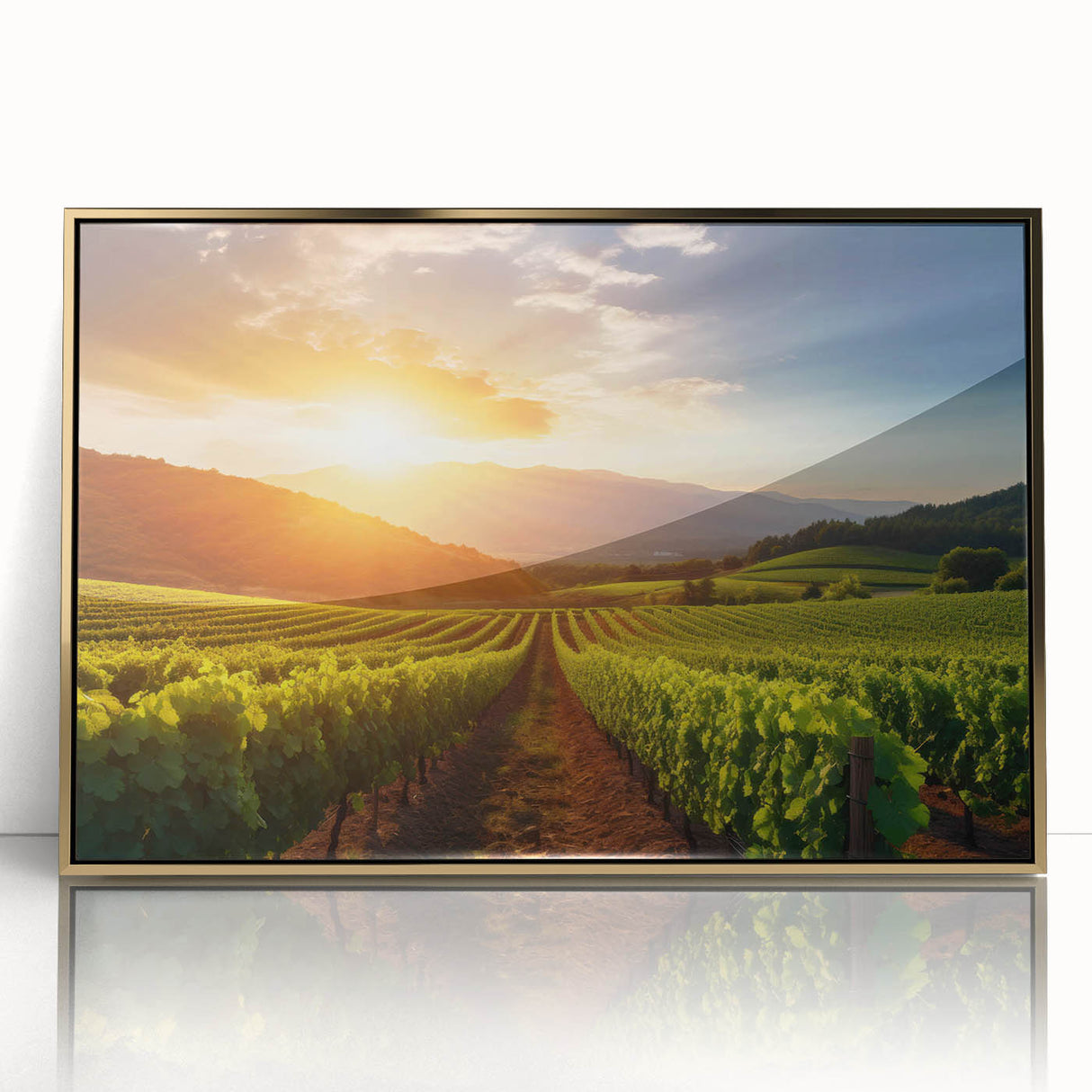Framed acrylic wall art showcasing a vibrant vineyard landscape with rich green vines and golden accents, ideal for enhancing home decor.