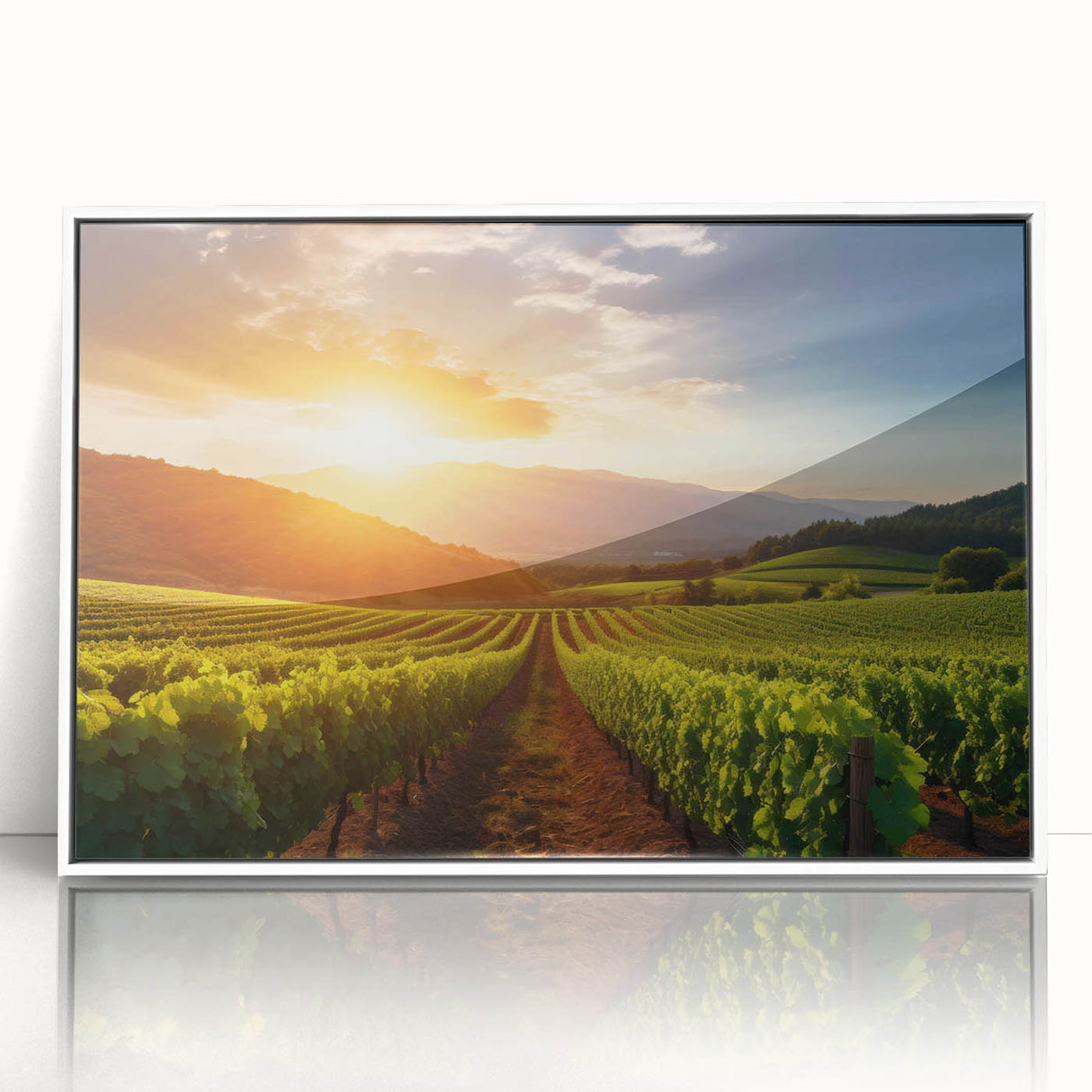 Framed acrylic wall art showcasing a vibrant vineyard landscape design, featuring lush green vines and rolling hills, perfect for enhancing any living space. Ideal for wine enthusiasts and art collectors.