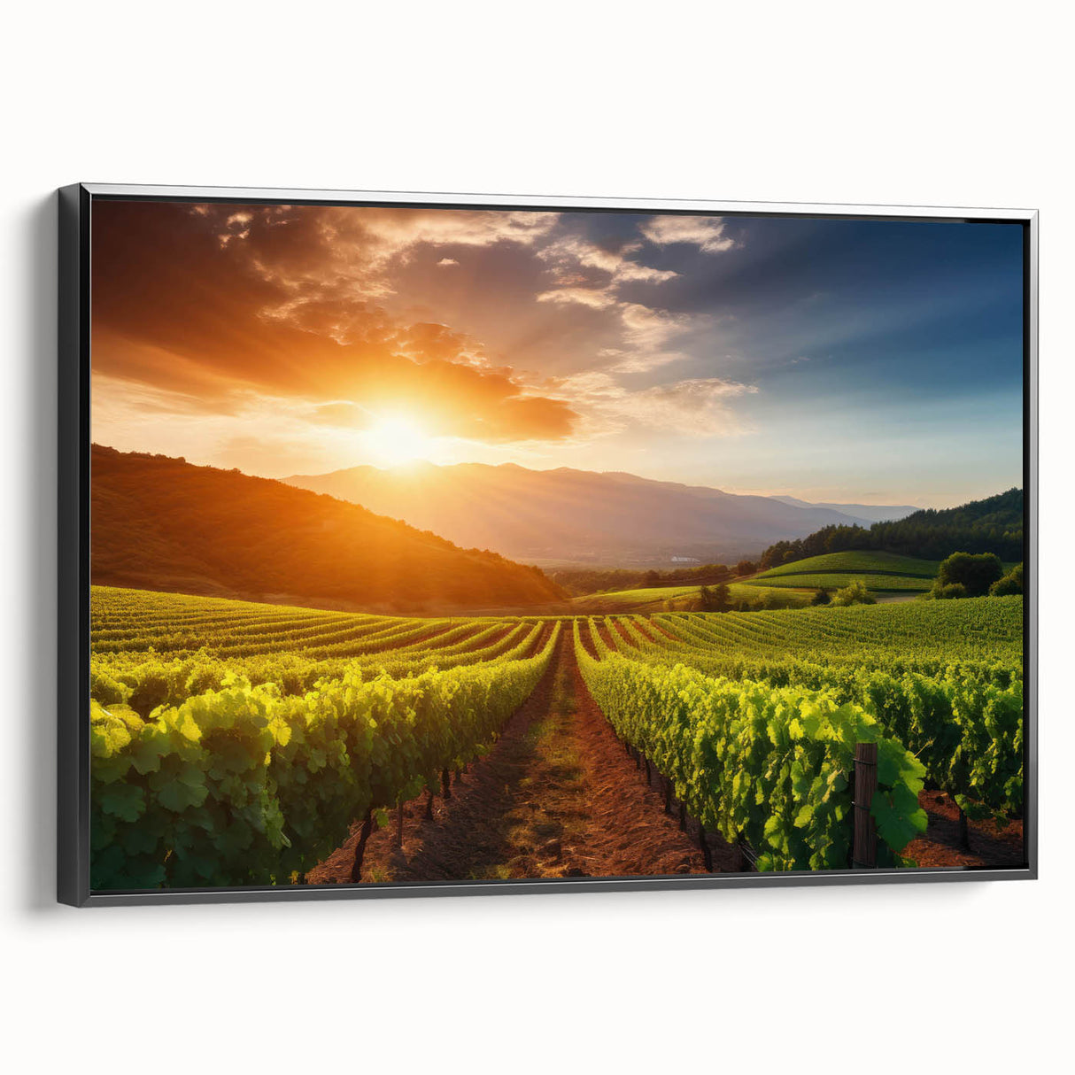 Framed canvas artwork showcasing a serene vineyard landscape design, featuring rich green vines and soft earth tones, elegantly presented from a side view.