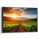 Framed canvas artwork showcasing a serene vineyard landscape design, featuring rich green vines and soft earth tones, elegantly presented from a side view.