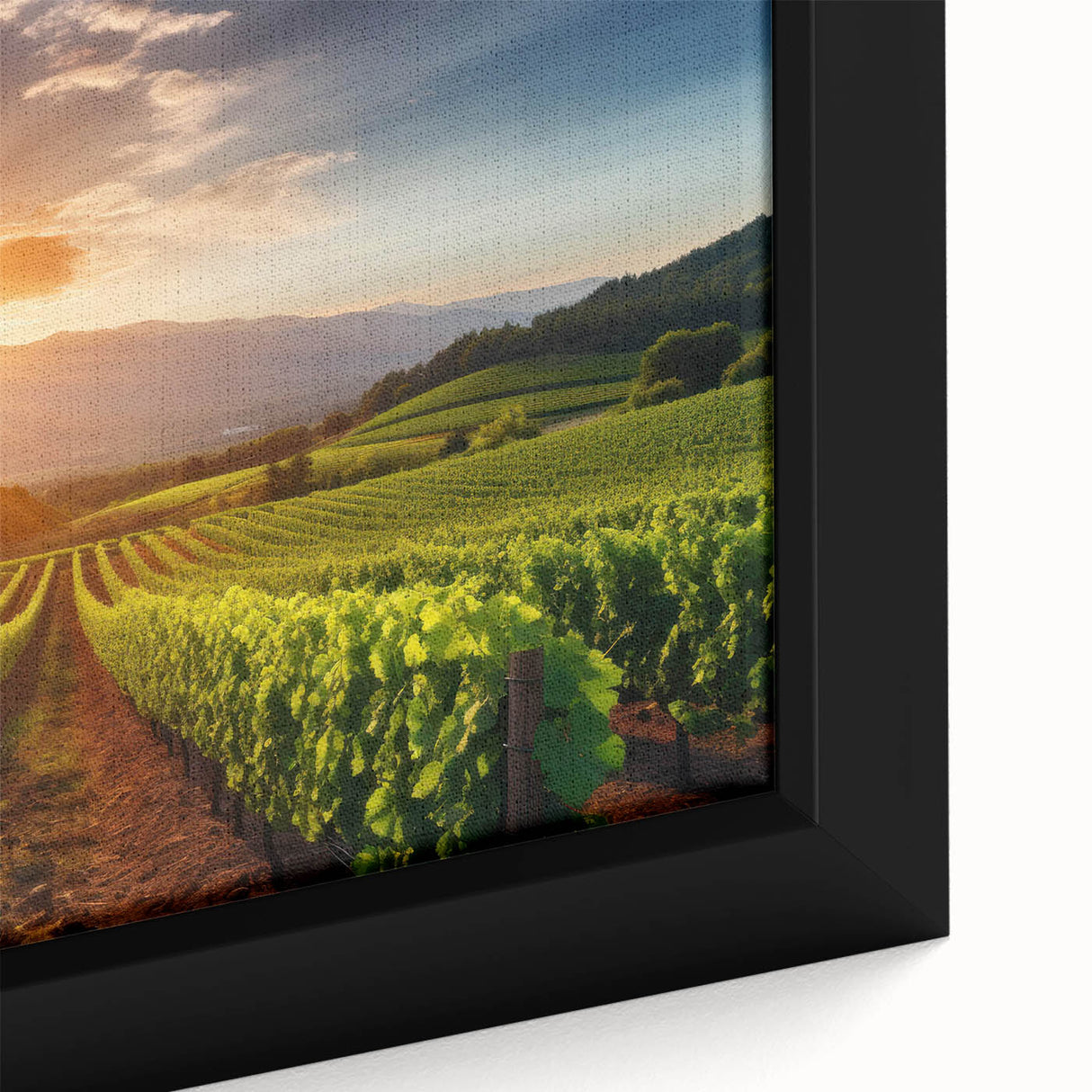 Close-up of a framed canvas showcasing a vibrant vineyard landscape design, featuring lush green vines and a sunlit sky, perfect for enhancing home decor.